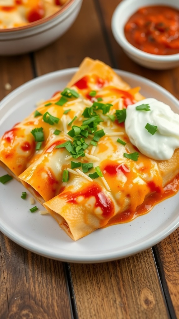 Baked chicken enchiladas topped with cheese and cilantro, served with sour cream and salsa.